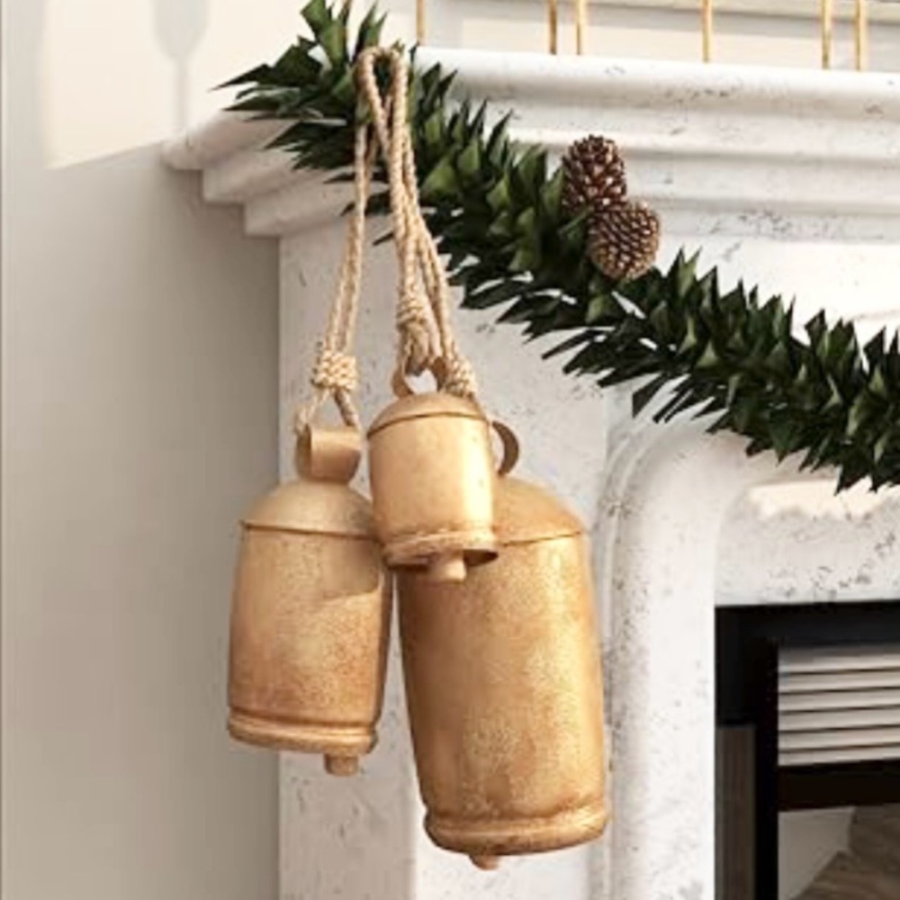 🆕-Set/3- Gold Metal Christmas Large 
Cow Bells with Jute Hanging Rope, 10",8",6"